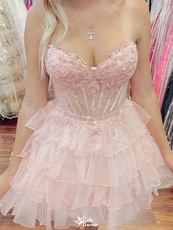 Sexy Pink Sweetheart Sleeveless Lace A-Line Short Homecoming Dresses For Party , EPT662