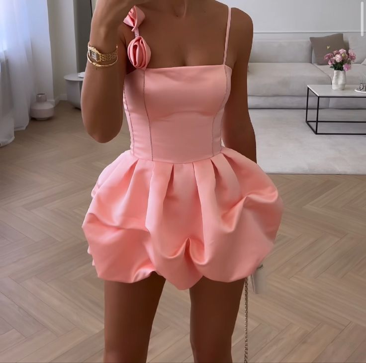 Elegant Pink Spaghetti Strap A-Line Short Homecoming Dresses For Party, EPT672