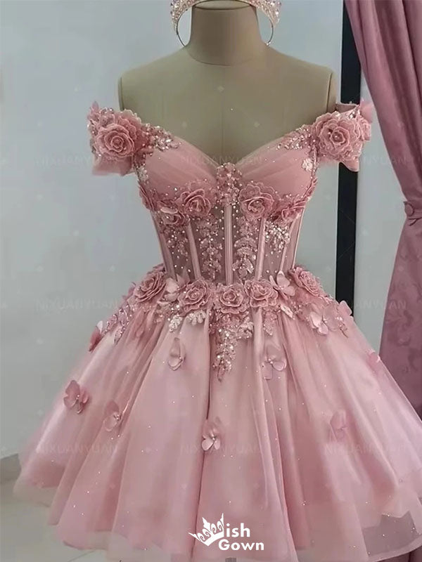 Elegant Floral Pink Off-Shoulder Short Sleeveless Homecoming Dresses For Birthday Party, EPT695