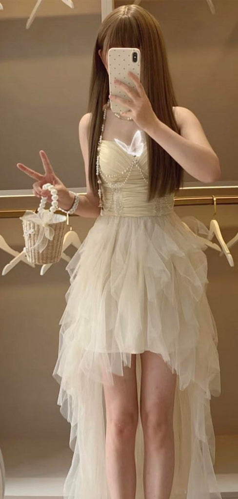 Elegant White Spaghetti Strap High Low Sleeveless Homecoming Dresses For Birthday Party, EPT697