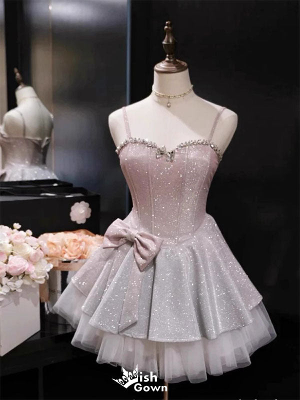 Sparkly Pink Spaghetti Strap A-Line Sleeveless Homecoming Dresses For Birthday Party, EPT698