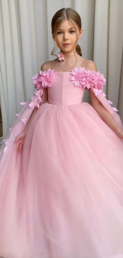 Cute Pink Off-Shoulder Floral Long A-Line Flower Girl Dress , FG026