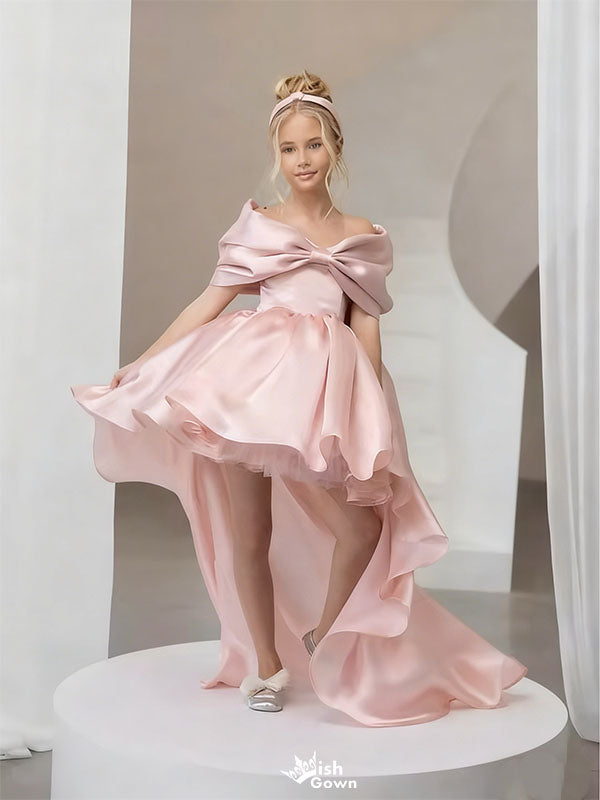 Unique Pink High Low Sleeveless Floral Long A-Line Flower Girl Dress,FG029