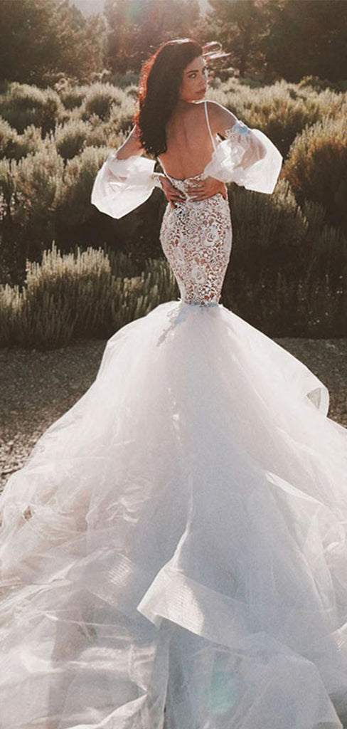 Elegant White Spaghetti Strap Lace Mermaid Long Wedding Dresses With Sweep Trailing,WDH180