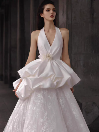 Elegant White V-Neck A-Line Long Wedding Dresses With Sweep Trailing ,WDH170