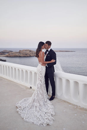 Elegant Applique White Spaghetti Strap Mermaid Long Wedding Dresses With Sweep Trailing,WDH185