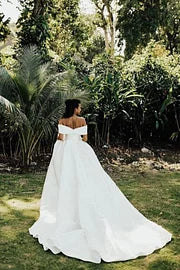 Unique Off Shoulder V Neck With Train Applique Popular Bridal Long Wedding Dresses, WDH101