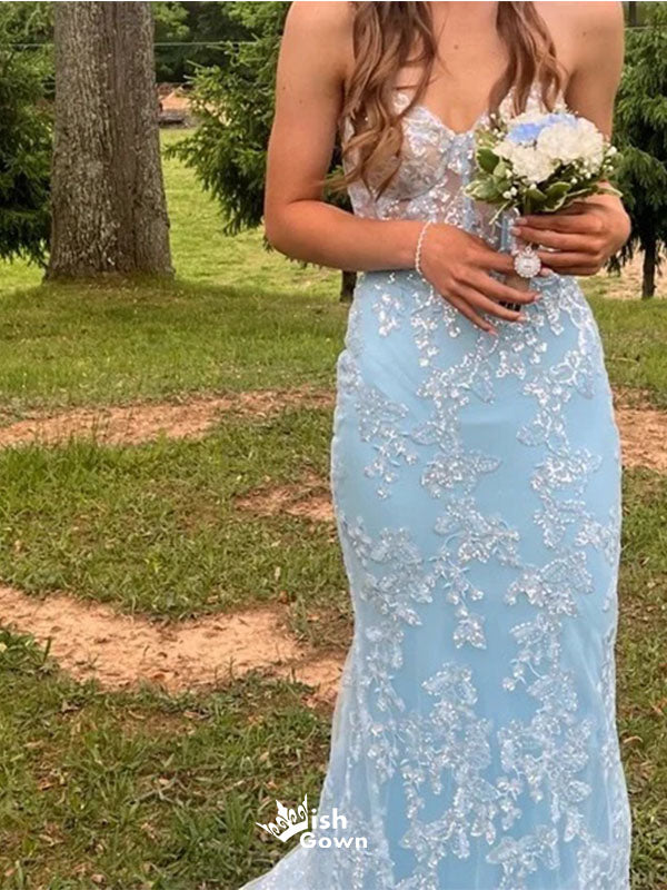 Elegant Blue Sweetheart Mermaid Lace Side Slit Long Prom Dress Ideas, Evening Party Dresses , WGP1865
