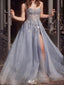 Shiny Blue Sweetheart A-Line Side Slit Long Prom Dress Ideas, Evening Party Dresses , WGP1877
