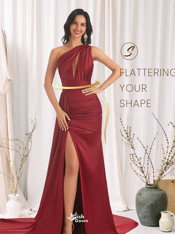 Elegant Red One Shoulder Mermaid Side Slit Long Prom Dress Ideas, Evening Party Dresses , WGP1867