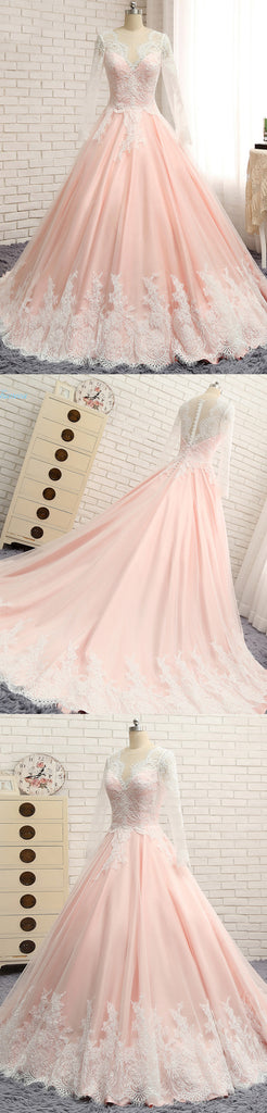 Long Sleeves V Neck Applique Blush Cheap Long Evening Prom Dresses, WG1003