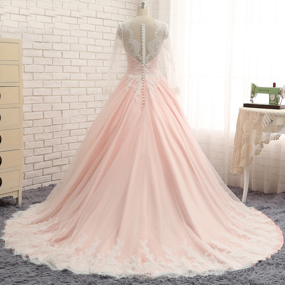 Long Sleeves V Neck Applique Blush Cheap Long Evening Prom Dresses, WG1003