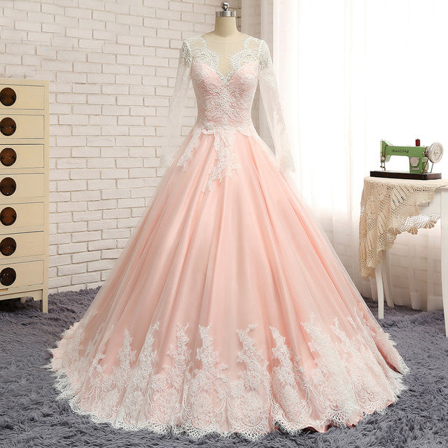 Long Sleeves V Neck Applique Blush Cheap Long Evening Prom Dresses, WG1003