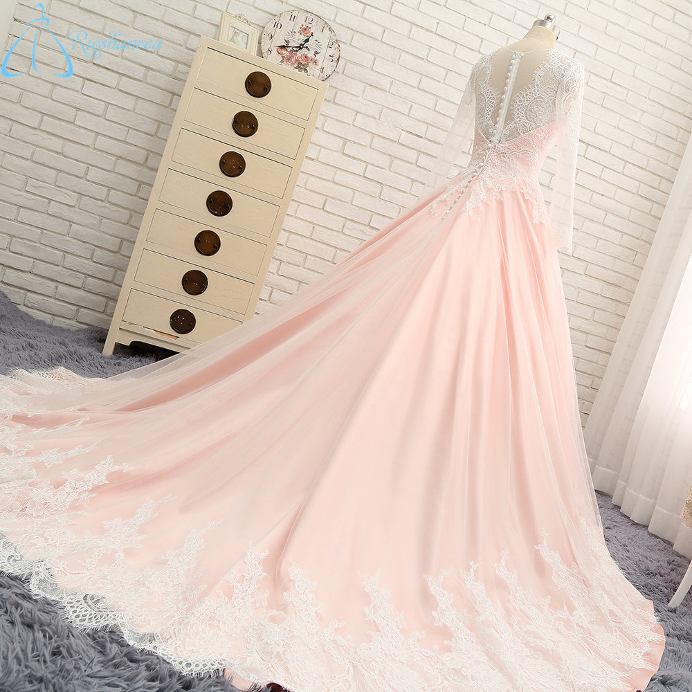 Long Sleeves V Neck Applique Blush Cheap Long Evening Prom Dresses, WG1003