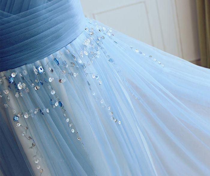 Blue V Neck Tulle Affordable Elegant Formal Long Prom Dresses, WG1007 - Wish Gown