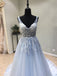 Light Blue V Neck Applique Tulle Inexpensive Long Prom Dresses, WG1045