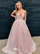 Cute Pink A-line Spaghetti Straps V-neck Maxi Long Evening Prom Dresses, WGP250