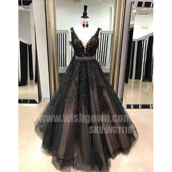 Most Popular Black Applique Formal Long Evening Prom Dresses, WG1110