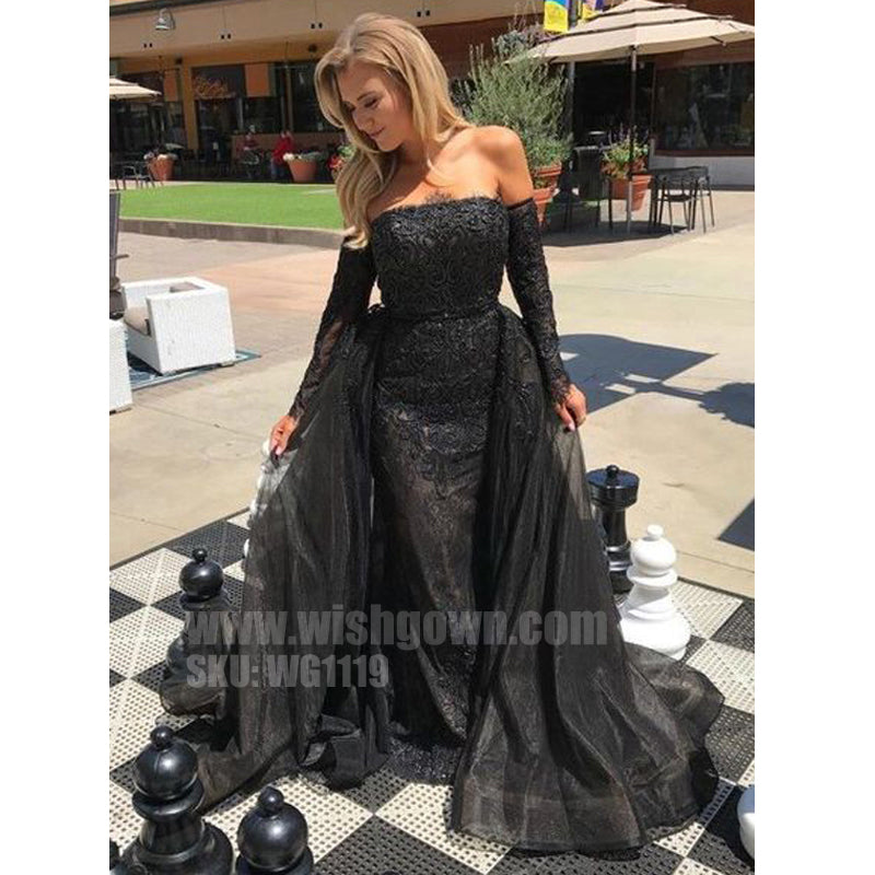 Popular Black Lace Charming Evening Inexpensive Long Prom Dresses, WG1119