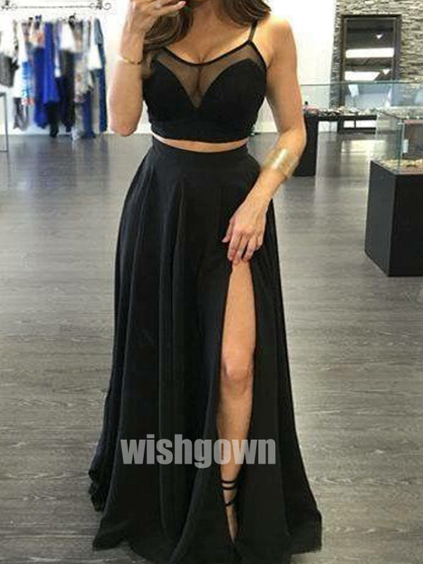 Sexy Two pieces Black High Slit Long Prom Dresses PG1180