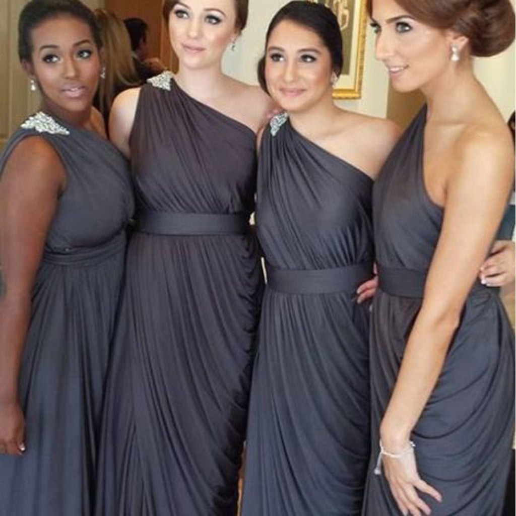 Pleating Chiffon One Shoulder Dark Grey Floor Length Simple Elegant Online Discount Bridesmaid Dresses, WG129