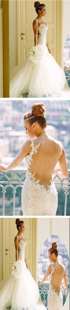 Sexy Mermaid Backless Spaghetti Lace Cheap Tulle Wedding Dresses, WD0147