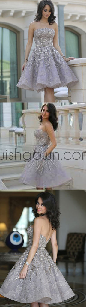 Popular Grey strapless Gorgeous Straight Neck A-line homecoming prom gown dress,BD00151