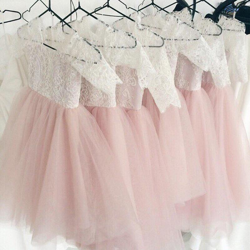 Lace Top Half Sleeves Pink Tulle Flower Girl Dresses, V-back Popular Little Girl Dresses,  FG027