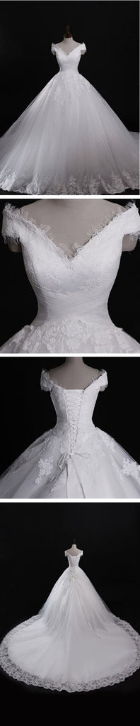 Classic Style Off Shoulder Lace Up Vantage Lace Wedding Dresses, WD0180 - Wish Gown