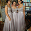 Long formal grey lace elegant a line seen through back floor-length Bridesmaid Dresses, WG02