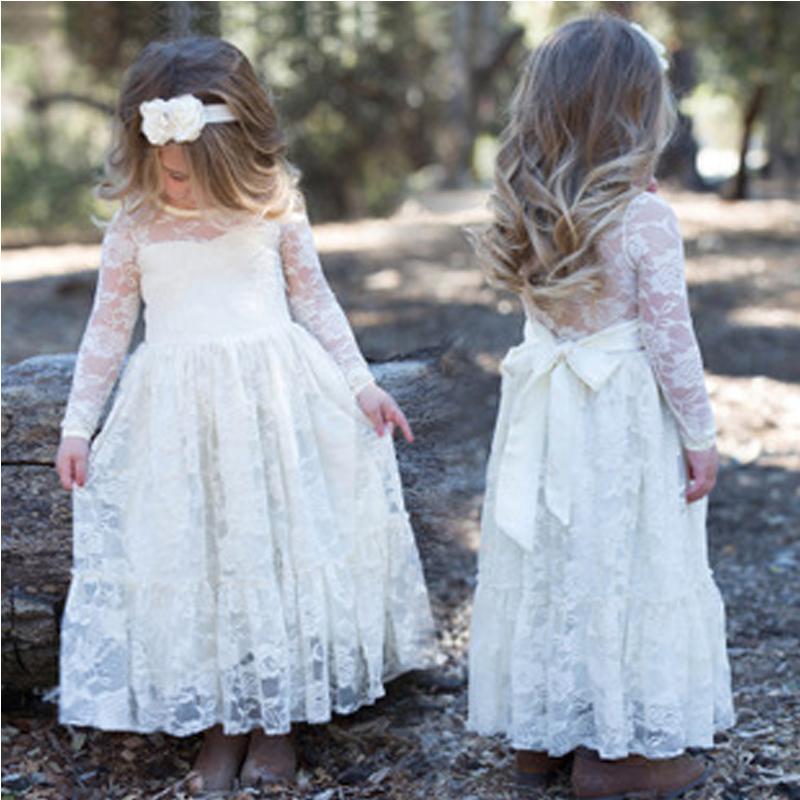 Long Sleeve See Through Cute Ivory Lace Flower Girl Dresses, Junior Bridesmaid Dresses, FG047