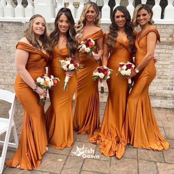 Burnt Orange Mermaid Side Split Off Shoulder Satin Wedding Guest Bridesmaid Dresses, WGM033