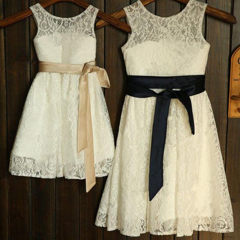 Round Neck Lace Long A-line Flower Girl Dresses With Belt, FG008