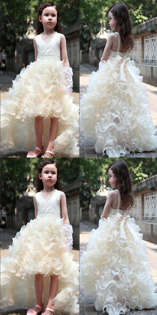 V-neck Hi-low Ivory Flower Girl Dresses, Cute Cheap Tutu Dresses, FG014