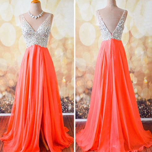 Gorgeous Coral Formal A Line V Neck Side Split Shinning Long Prom Dresses, WG202 - Wish Gown