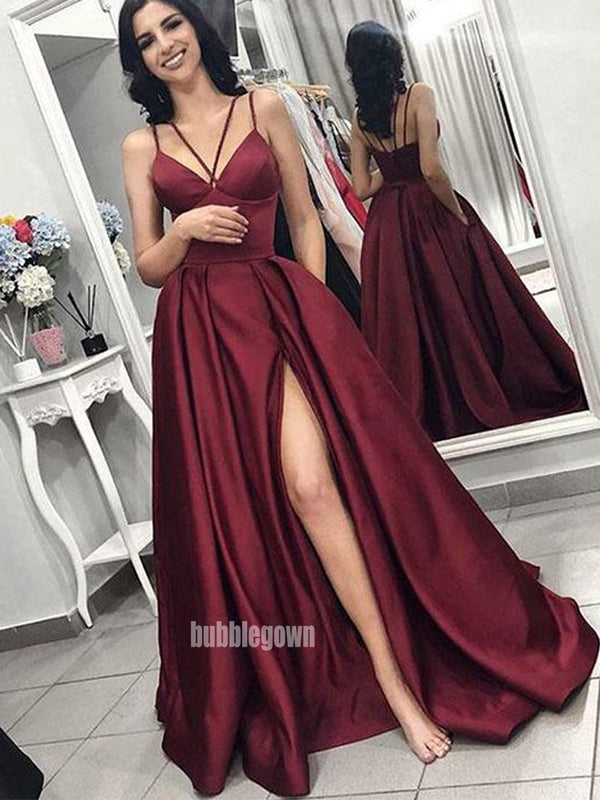 Sexy V-neck Burgundy Split Side Long Prom Dresses PG1189