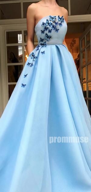 Blue A Line Long Prom Dresses With Butterfly PG1231