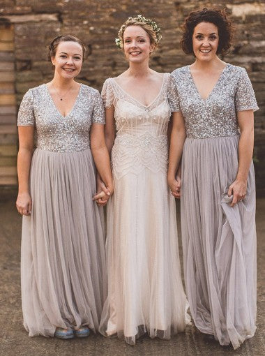 Sparkly Short Sleeves V Neck Pretty Long Wedding Bridesmaid Dresses, WG490