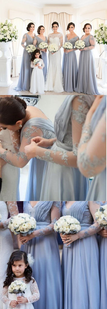 Charming See Through Long Sleeves V Neck Cheap Long Wedding Party Bridesmaid Dresses, WG309 - Wish Gown