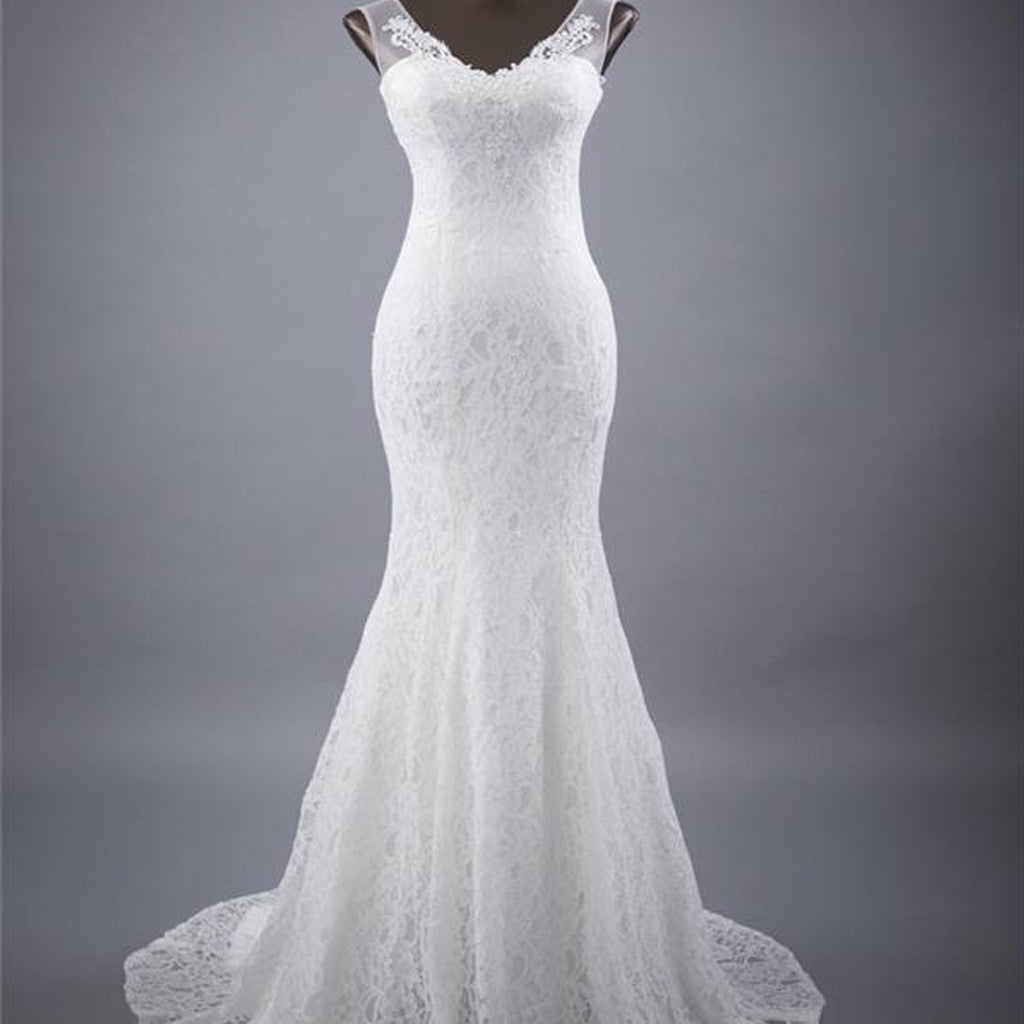 Elegant V-neck Lace Mermaid Wedding Party Dresses, Vantage Bridal Gown, WD0030 - Wish Gown