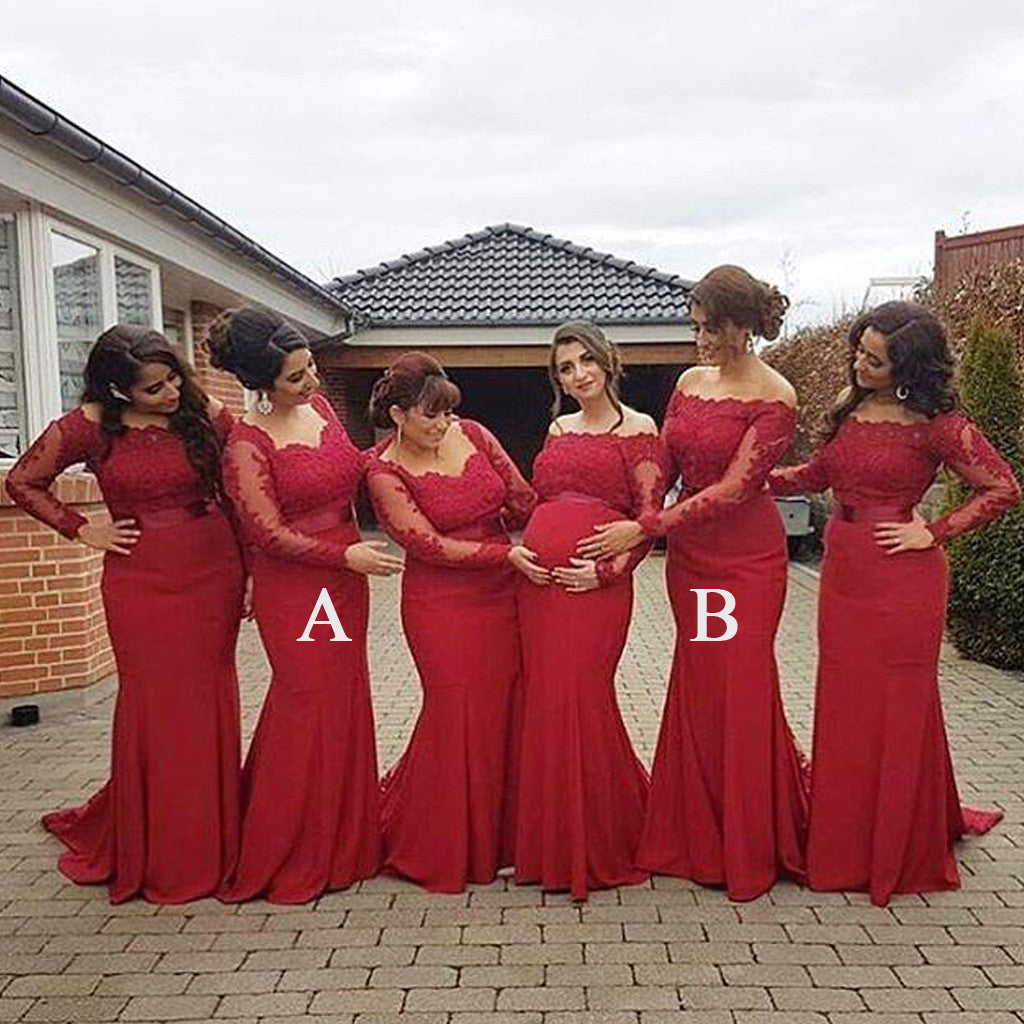 Red Lace Mermaid Long Sleeves Mismatched Long Wedding Bridesmaid Dresses, WG312