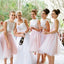 Junior Pretty Off Shoulder Lace Small Round Neck Blush Pink Tulle Short Bridesmaid Dresses for Wedding Party, WG33