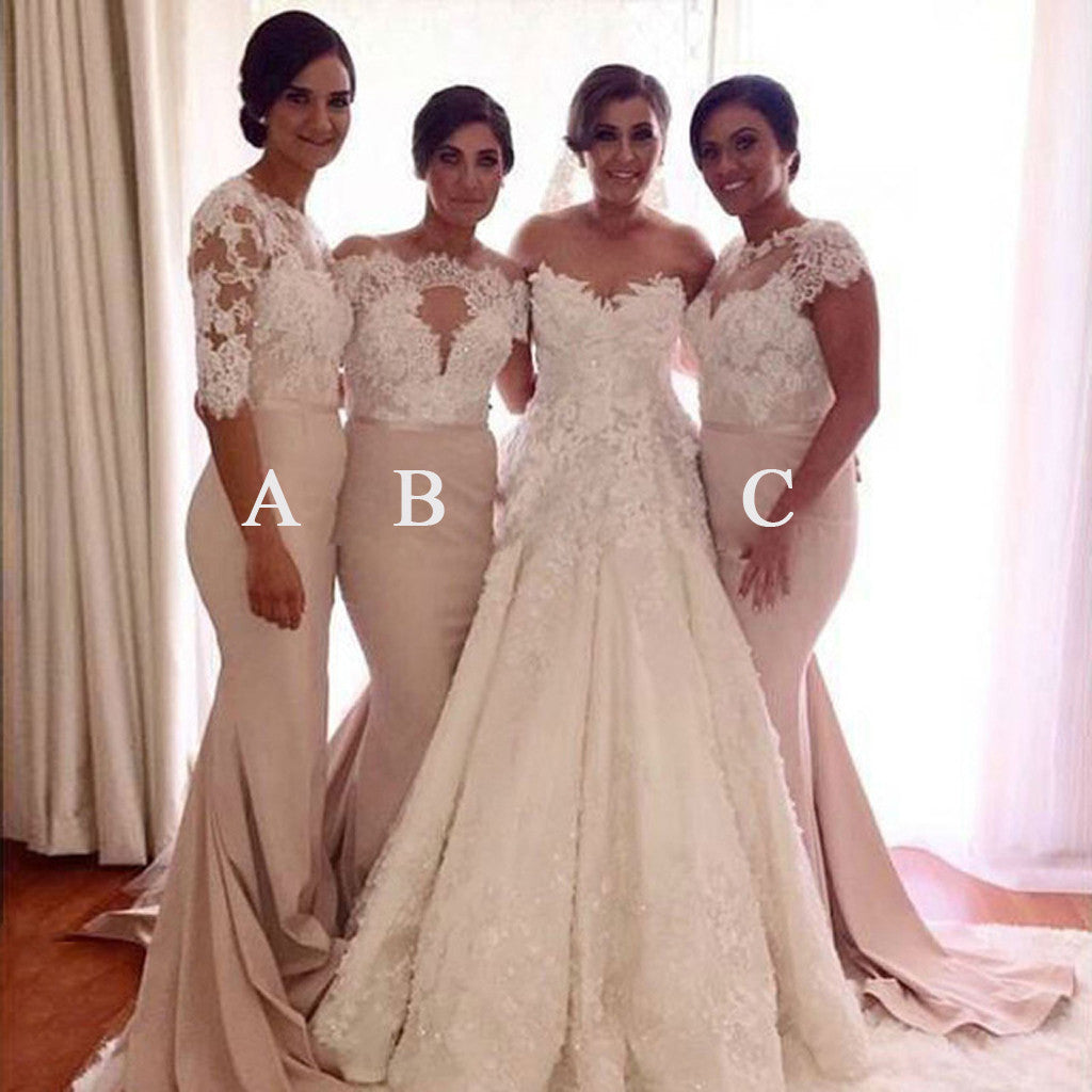 Affordable Mismatched Lace Mermaid Long Wedding Bridesmaid Dresses, WG331 - Wish Gown