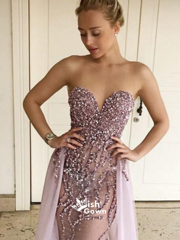 Sparkly Sweetheart Beaded Seen Through Sexy Long Prom Dresses, WG1088