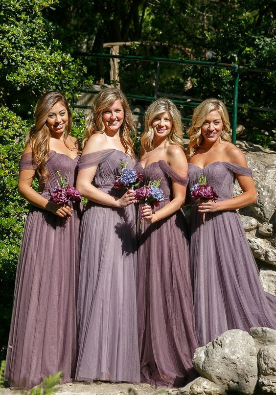 Off the Shoulder Sweetheart Tulle Long Wedding Party Dresses Cheap Charming Bridesmaid Dresses, WG386