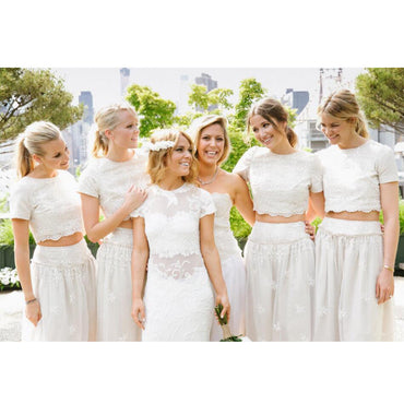 2 Pieces Short Sleeves Lace Pretty Long Wedding Bridesmaid Dresses, WG396 - Wish Gown