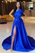 Blue A-line One Shoulder High Slit Maxi Long Evening Prom Dresses,WGP267