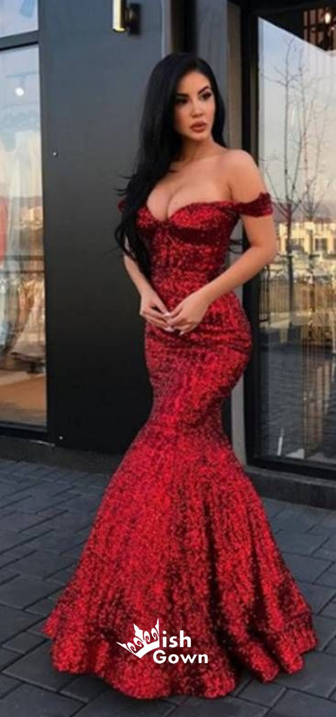 Backless Off Shoulder Mermaid Red Sequin Cheap Long Prom Dress Evening Gown, WG469