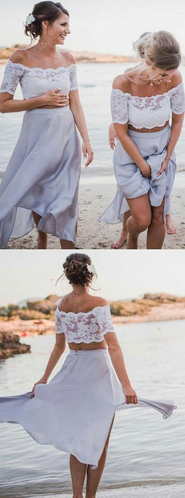 2 Pices Lace Off the Shoulder Short Sleeves Tea Length Wedding Bridesmaid Dresses, WG436 - Wish Gown