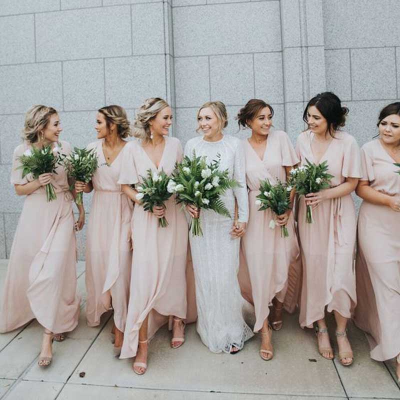 Charming Short Sleeves V Neck Cheap Long Wedding Party Bridesmaid Dresses, WG440 - Wish Gown